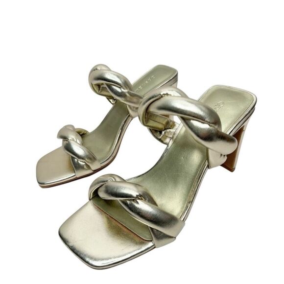 Open Edit Sandals Size 6.5 Gold Metallic Twisted Double Strap‎ Slip On Heels - Picture 3 of 9